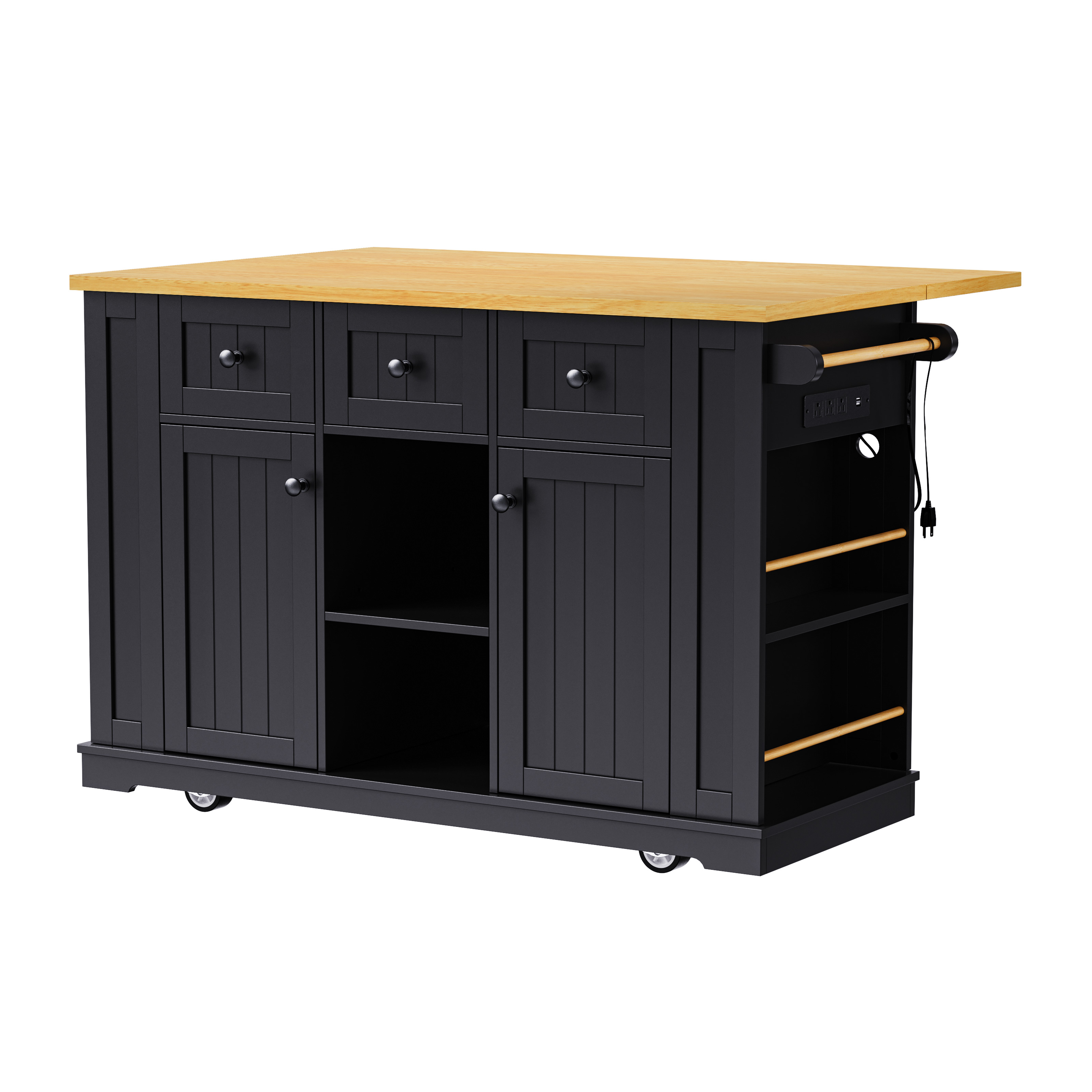 Noble House 53" Large Kitchen Island with Drop Leaf,5 Wheels 5 Open Side Racks,White