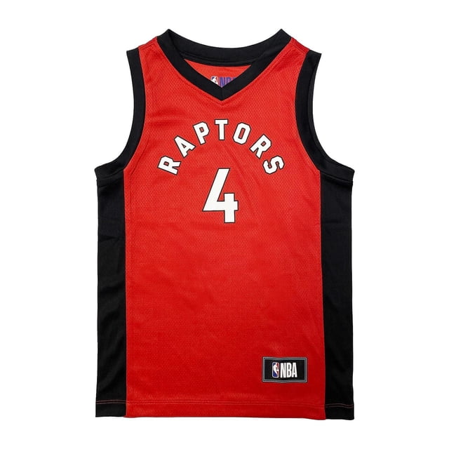 NBA Boys Toronto Raptors Scottie Barnes Jersey in red and black sleeveless 100% poly interlock fabric with 'Raptors' and number 4 on front, NBA logo patch at bottom, ideal for young fans supporting the basketball season.