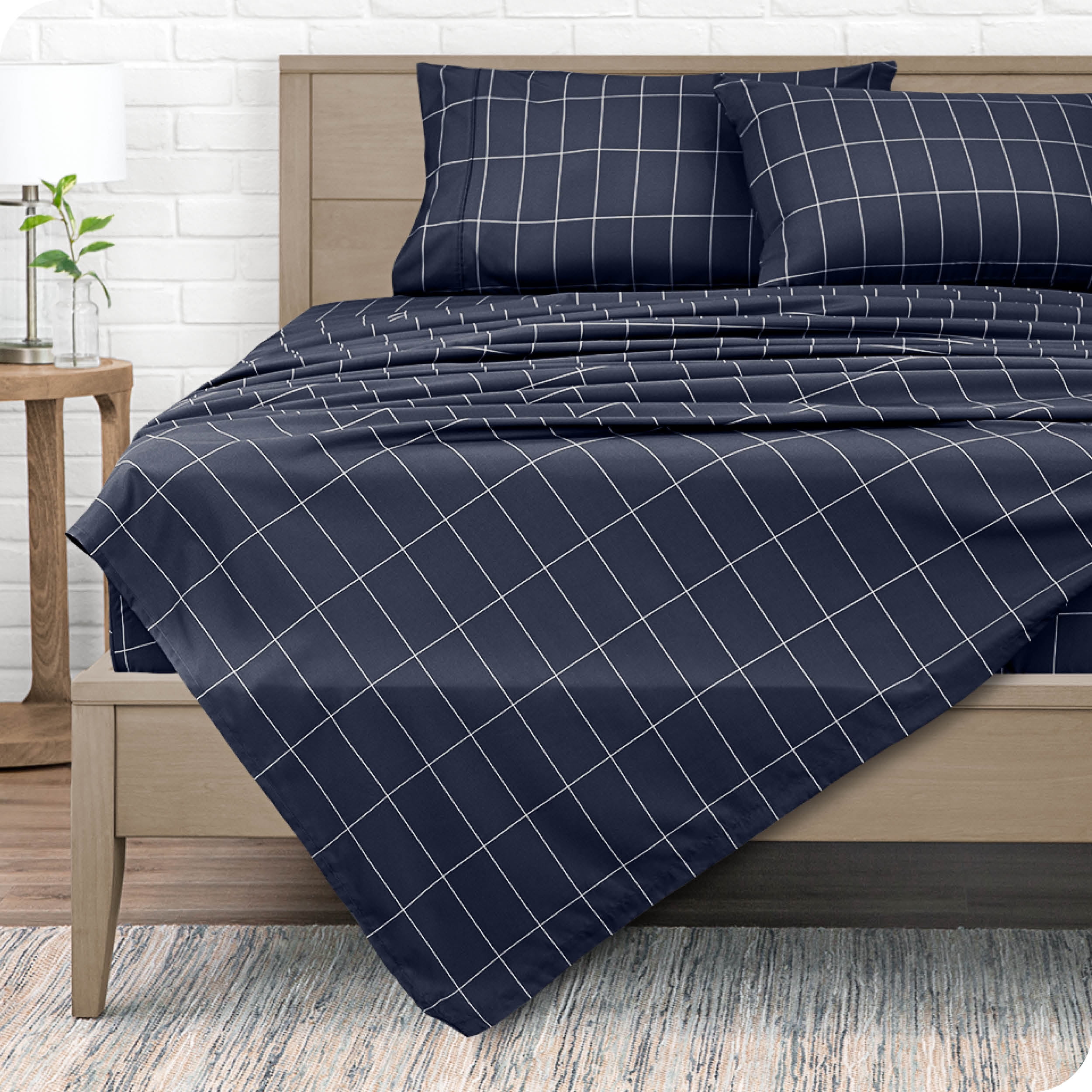 Bare Home Ultra-Soft Sheet Set - Premium 1800 Collection - Deep Pockets - 5-Pieces - Split King, Grid - Midnight/White