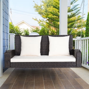 Costway Patiojoy 2-Person Patio Rattan Hanging Porch Swing Bench Chair Cushion White&Black