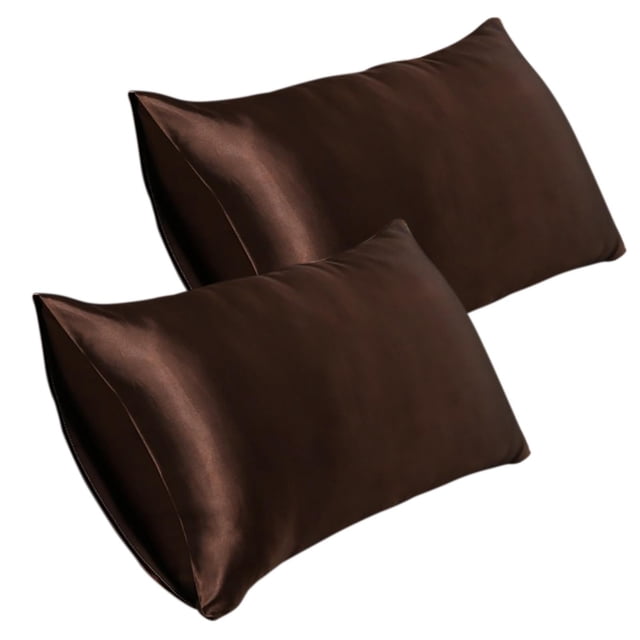 Agiferg 20*30 Inch Satin Pillowcase, Imitation Silk Pillowcase (2pc) shown in a rich brown color. These queen-size pillowcases are made of smooth polyester with an envelope seal design for secure fit and wrinkle-free comfort, ideal as a bedding accessory. Pack includes two pillowcases.