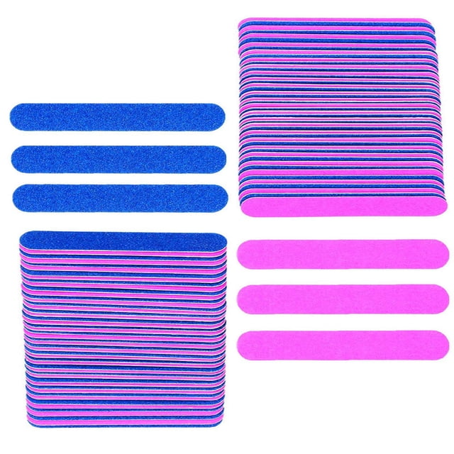 100 Pack Disposable Nail Files Double Sided Nail Buffering Files Emery Boards Manicure Pedicure Tools. Includes 100 nail files in blue and pink colors, made of sandpaper and wood. Each file features a double-sided design with rounded ends for comfortable use, suitable for natural and acrylic nails. Available in 2-inch and 3.3-inch sizes.
