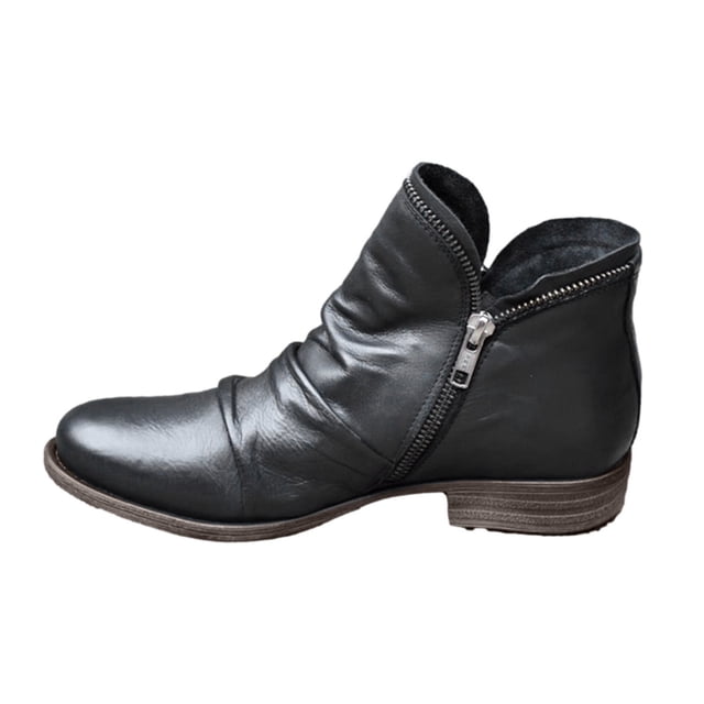 Penkiiy Chaussures pour Femmes Rétro Couleur Unie Talon Bas Fermeture Éclair Mode Courtes en Cuir 37 Noir