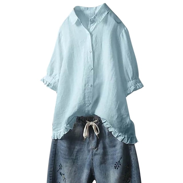 Dealovy Cotton Linen Shirts for Women 3/4 Sleeve Lapel Collared Button down Blouses Solid Color Ruffle Top