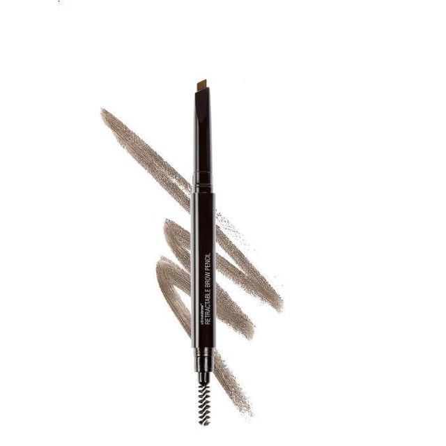 wet n wild Crayon à Sourcils Rétractable Ultimate Brow avec Pointe Triangulaire et Pinceau Bobine Intégré, Montré avec des Traits de pigment taupe sur Fond Blanc, Conçu pour une Mise en Forme et un Estompage Précis des Sourcils avec des pigments Résistants au Frottage.