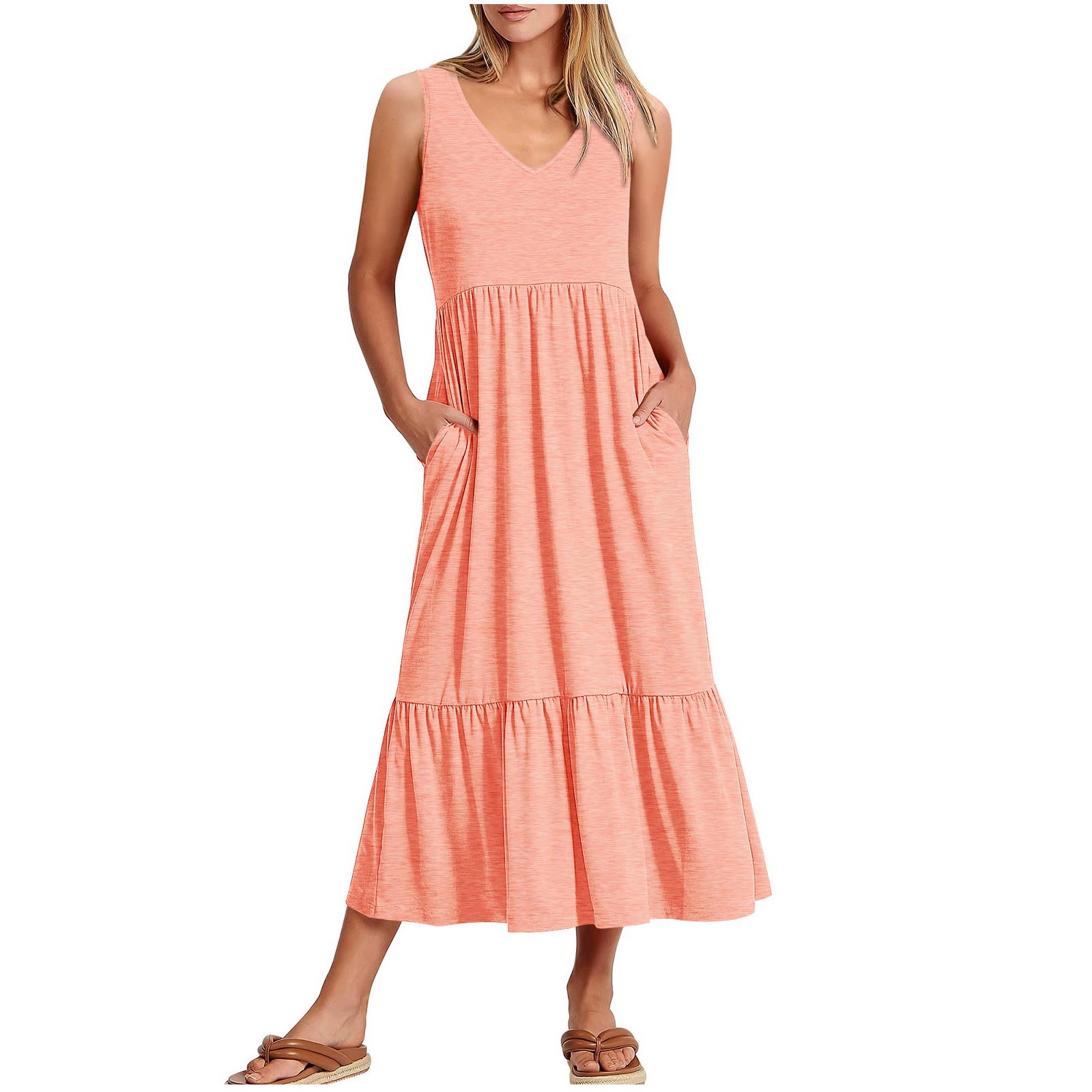 Robes d'Été pour Femmes 2023 Midi Mode Féminine Col en V Sans Manches Poches Unies Patchwork Robe Pull Robes de Soirée pour Femmes Élégantes et Élégantes en Solde