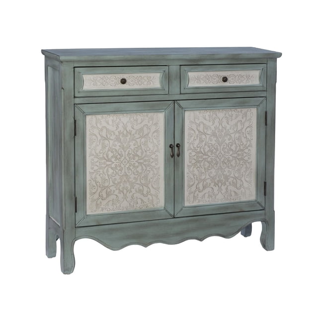 Maggie Console à 2 Portes en Bleu antique avec Deux Tiroirs et Deux Portes, Dotée de Panneaux Décoratifs Blancs Surélevés avec Motifs Floraux, Quincaillerie en Laiton antique et Bord Inférieur Courbé, Convient au Rangement et à l'Organisation pour l'Entrée Ou le Salon.