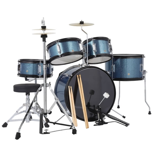 Ensemble de Batterie Junior – Ensemble Complet de 5 Pcs pour Enfants – Trousse Jeunesse 16 Pouces – Basse, Tom, Caisse Claire, Hi-Hat, Cymbale – Comprend Pédale, Baguettes et Tabouret – Instrument pour Débutant – Bleu