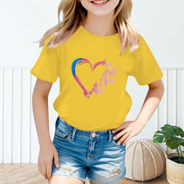 Hauts Filles T-Shirts Chemises Enfants Mignon Graphique Col Rond Manches Courtes Été Décontracté Chemise Hauts pour Filles