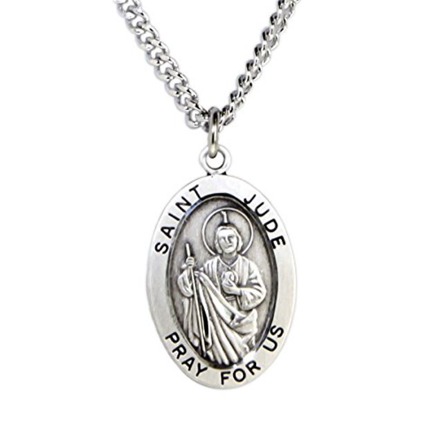 Heartland Store Men's Saint Jude Sterling Silver Oval Pendant + 24 Inch Endless Rhodium Plated Chain