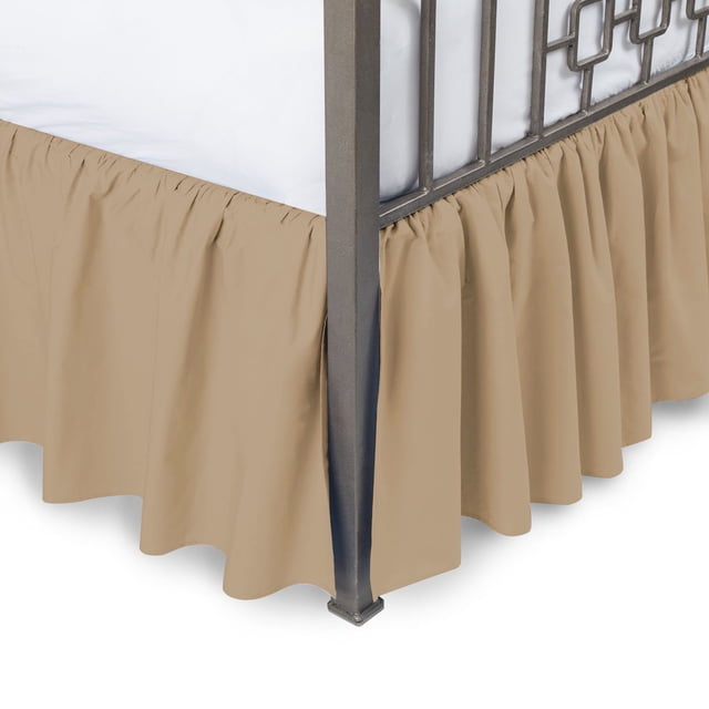 Cotton Metrics Linen Gathered Dust Ruffle Bed Skirt made from 100% organic cotton with an 800 thread count. The bed skirt features a gathered design in a neutral beige tone, shown on a queen-sized bed with a 17-inch drop length. It is soft, durable, and breathable, suitable for all seasons. The elegant hem treatment adds a sophisticated touch, making it ideal for bedrooms, guest rooms, or vacation homes. Machine washable for easy care.