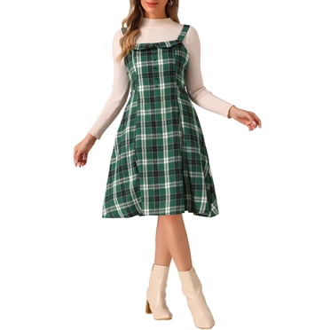 INSPIRE CHIC Women's Suspender Dress Retro Plaid Square Neck A-Line Midi Overall Dress M Dark Green