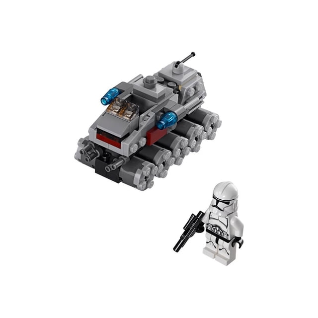LEGO Star Wars The Clone Wars Microfighters Clone Turbo Tank Set #75028, a multicolour LEGO Star Wars toy featuring a miniature Clone Turbo Tank with realistic detailing, moving wheels, two flick missiles, and a mini cockpit. Includes a Clone Trooper minifigure with a blaster. The tank measures over 2 inches high, 3 inches long, and 1 inch wide.