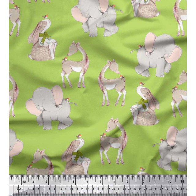 Soimoi Rayon Fabric Deer,Elephant & Rabbit Kids Printed Fabric 1 Yard 56 Inch Wide