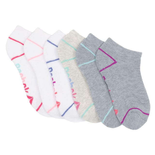Chaussettes Basses, Lot de 6 pour Filles par Reebok, Comprenant des Paires Blanches, Beiges et Grises avec des accents Roses, Bleus, Sarcelle et Violets, Taille M-L pour Enfant, Idéales pour un Usage Quotidien Décontracté et des Chaussettes pour Filles.
