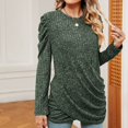 thumbnail image 2 of lcziwo Chandail pour Femmes à Manches Longues d'Automne Léger à Col Rond Décontracté T-Shirts Basiques Chandail avec Ourlet Plissé 2024 Hauts pour Femmes Vert Armée, TTG, 2 of 5