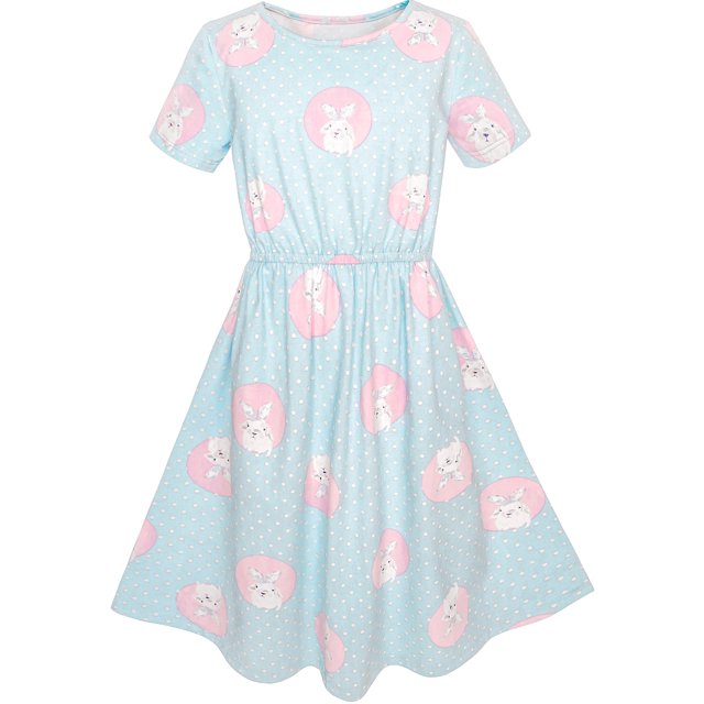 Girls Dress Blue Dot Rabbit Bunny Knitted Cotton Sundress 4 Years