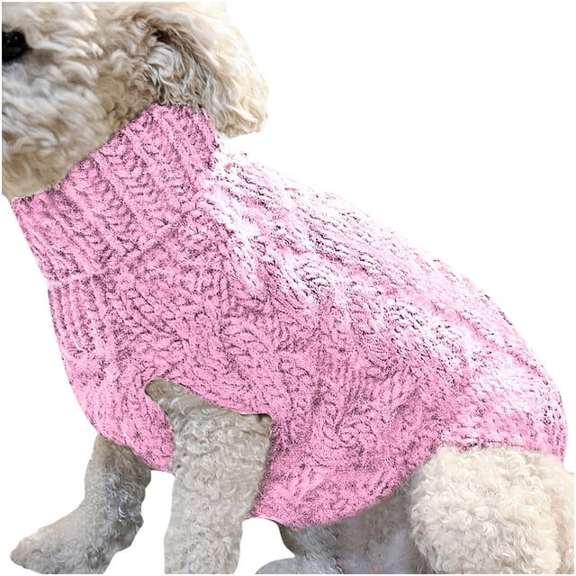 Fashiom Pets Solid Winter Dog Sweater Knitted Warm Sleeveless Pet Clothes in a light pink colour, shown on a small dog. The sweater features a cable-knit design, a high neckline, and sleeveless openings for comfort. Suitable for autumn, winter, and spring seasons, made from polyester material. Available in sizes S, M, L, and XL with bust measurements ranging from 26cm to 40cm and lengths from 26cm to 40cm.