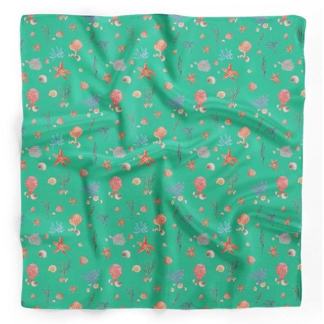 Bimba Green Shell & Starfish Ocean Pure Silk Printed Head Bandanas Summer Neck Wrap Scarf 40 x 40 Inches
