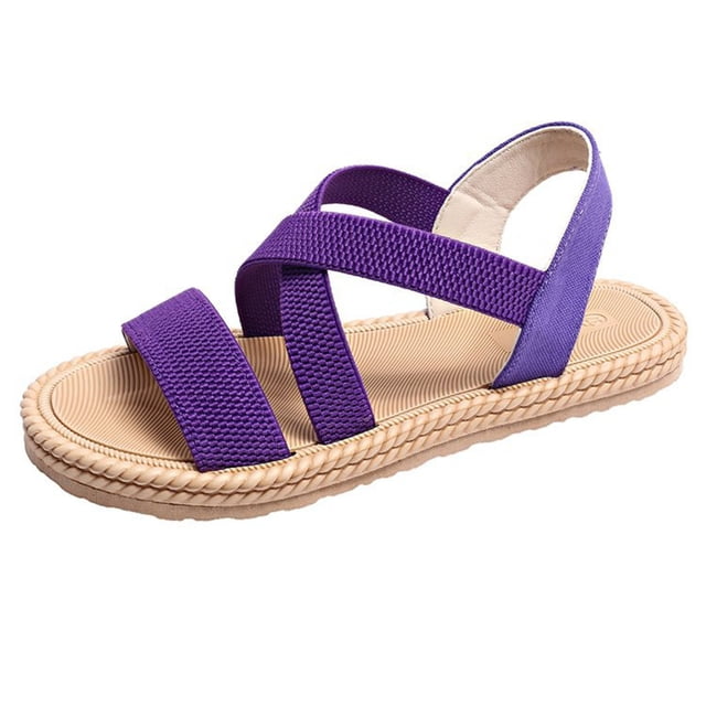 Womens Flat Sandals Slip on Cross Straps Elastic Open Toe Thick Sole Summer Beach Sandals Purple