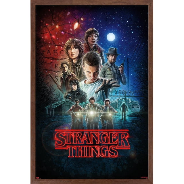 Netflix Stranger Things - One Sheet Wall Poster, 22.375" x 34", featuring a framed collage of main characters against a starry night sky with a full moon, glowing string lights, and the red neon 'Stranger Things' logo, suitable for wall art and room décor.