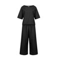 thumbnail image 3 of CHOK Ensemble 2 Pcs pour Femme en Lin, Haut Court à Manches Courtes, Ensemble de Détente Assorti et Pantalon Long, Survêtement Rose Vif G, 3 of 5
