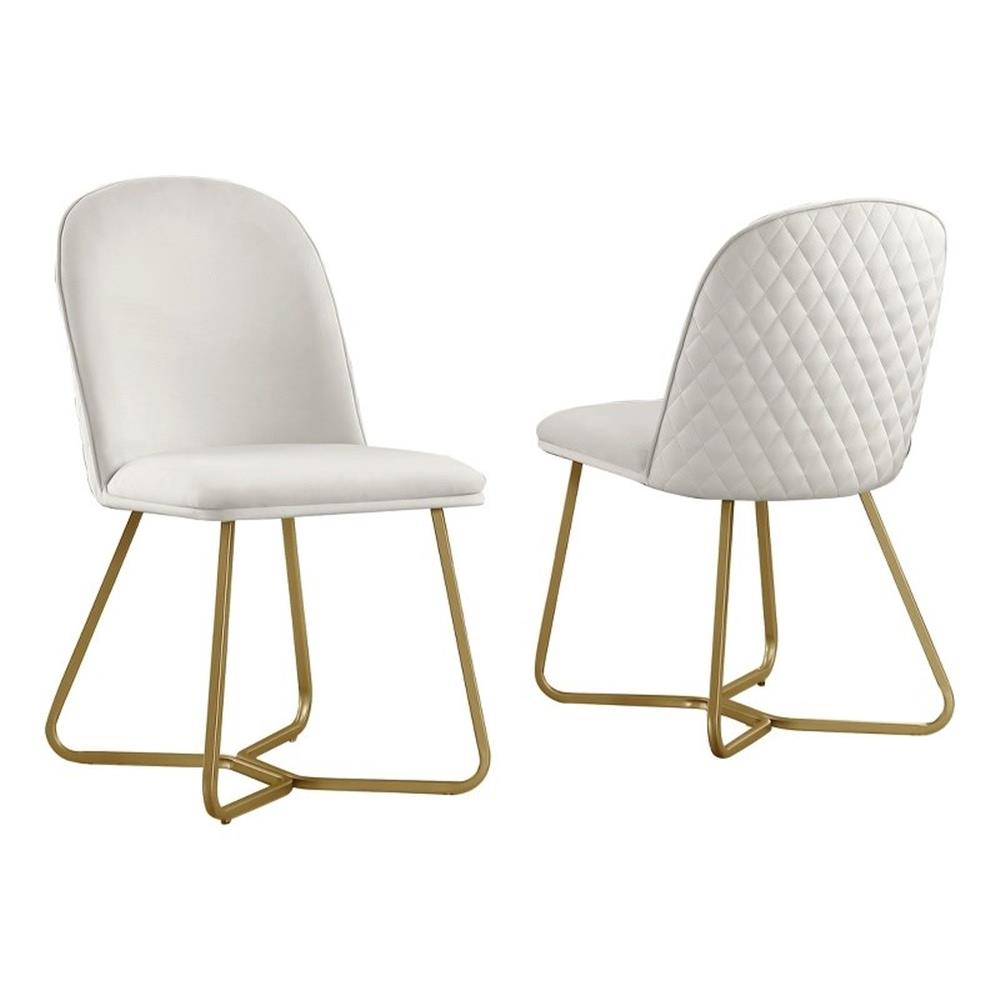 Quilted Back Side Chairs Set of 2 in Cream Velvet and Gold Base