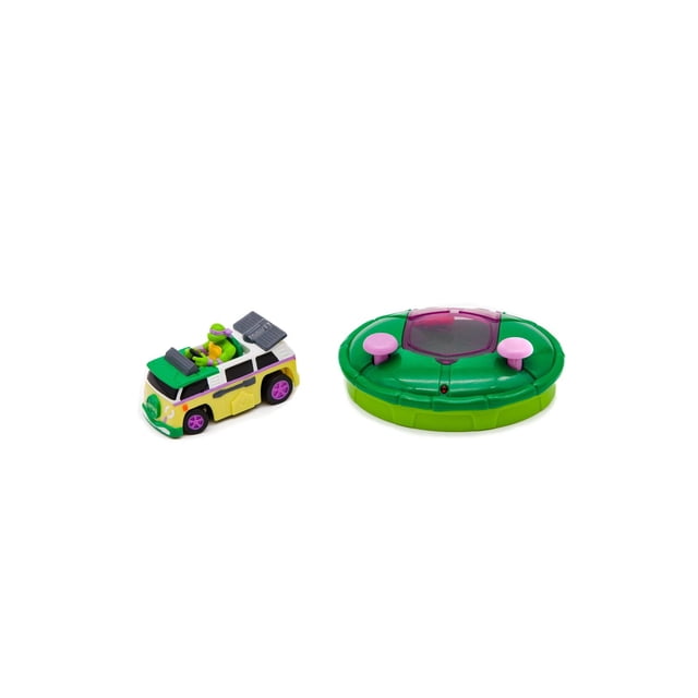 TMNT Micro Shell Racers Donatello Véhicule Télécommandé avec une Fourgonnette Verte et Crème de 3 Pouces avec des Roues Violettes et une Figurine Donatello, Jumelé à une Manette en Forme de Tortue Verte et Violette 2,4 GHz avec Doubles joysticks, Convient pour un Jeu Rapide et portable.