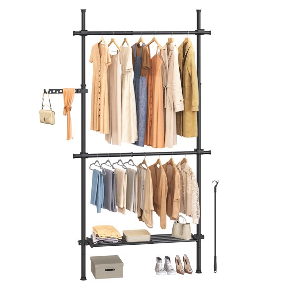 SONGMICS Portant à Vêtements du Sol au Plafond, Portant à Vêtements à 3 Niveaux, Portant à Vêtements à Hauteur et Largeur Réglables, Organisateur de Garde-Robe avec 2 Tringles et 1 Tablette, Tige d'Atteinte, Noir Mat