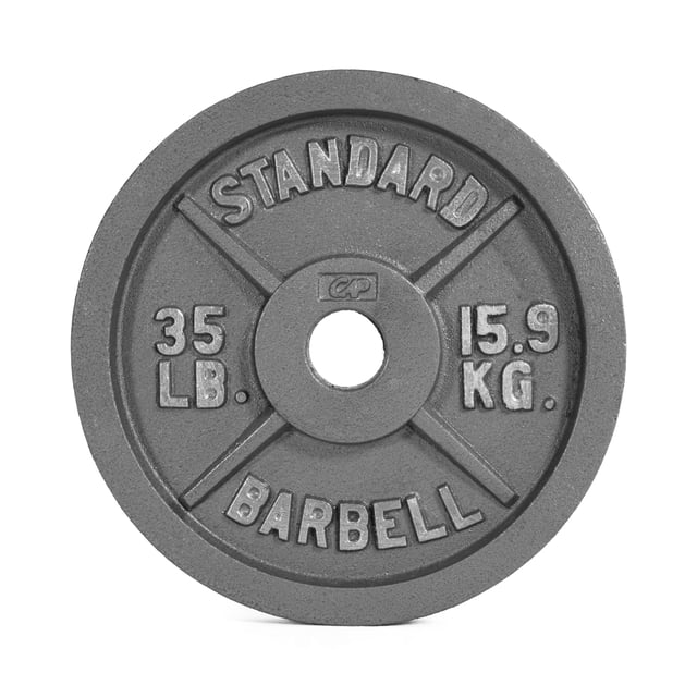 CAP Barbell 2-Inch Olympic Cast Iron Weight Plate, Grey, 35 lb, front view showing a round grey cast iron plate with embossed 'STANDARD BARBELL' text and weight markings '35 LB.' and '15.9 KG.' around the central hole for Olympic bars, featuring smooth edges and extra ribbing for support, ideal for strength training and cardiovascular fitness.