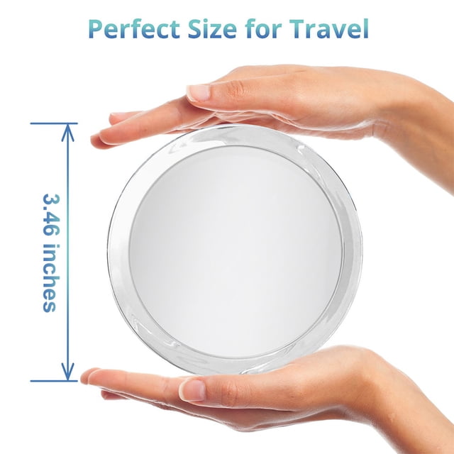 15X Magnifying Mirror Facial Makeup Cosmetic Absorption Shaving Home Makeup Travel Essential. A round handheld mirror with a 15X magnification, featuring a clear HD glass surface and a durable ABS frame. The mirror measures 3.46 inches in diameter and is shown being held in two hands, emphasizing its compact and travel-friendly size. Ideal for precise makeup application, grooming, and skincare tasks such as applying false eyelashes, shaping eyebrows, or removing blackheads. Suitable for home or travel use.
