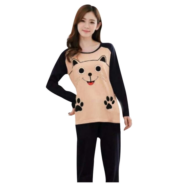 Pyjama pour Femme Femme Col Rond Ample Manches Longues Chemise + Pantalon Long Pyjama Ensemble Deux Pièces