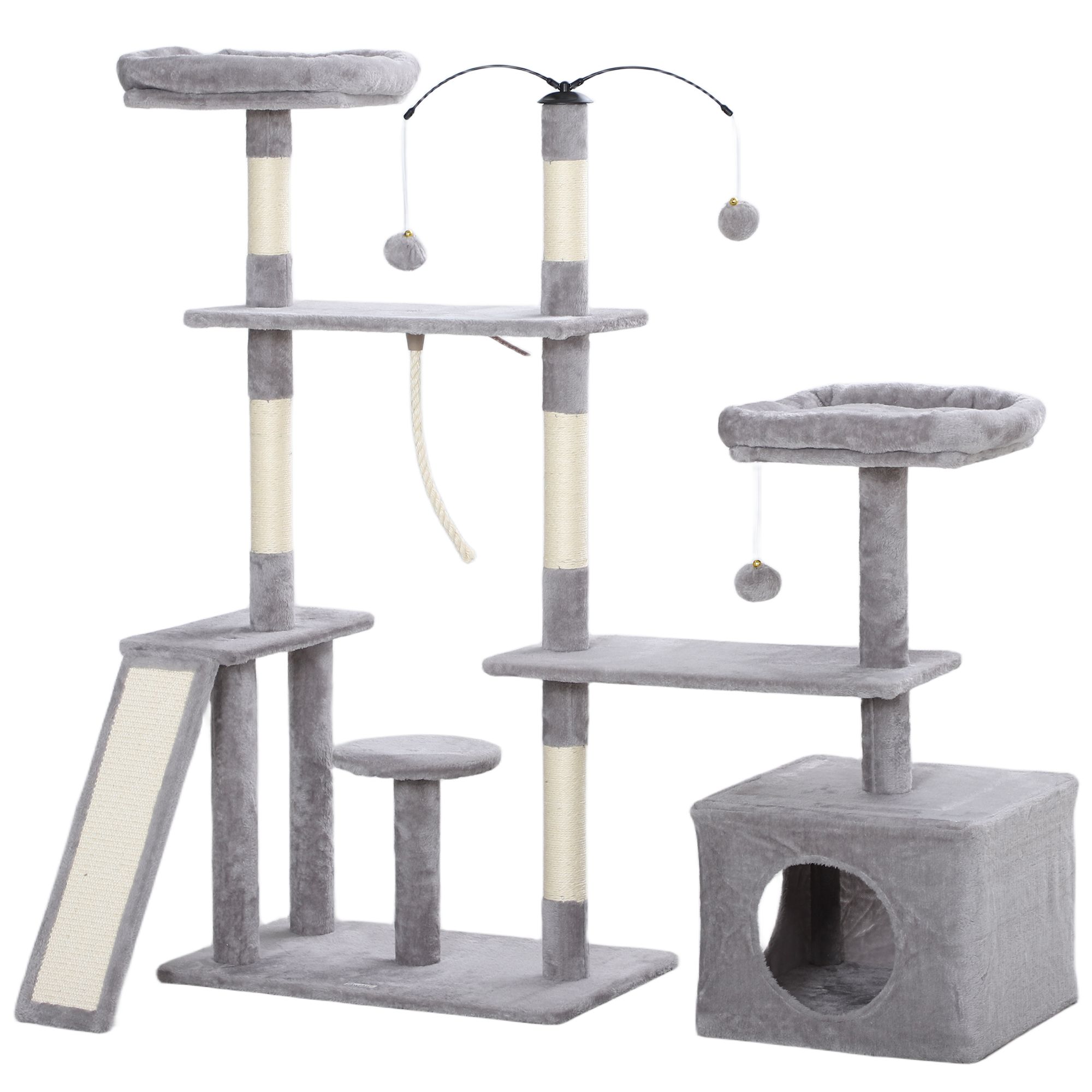Light Grey Cat Tree with Condo & Scratching Posts - 53” Multi-Level Tower for Indoor Cats | Living Room, Bedroom Play & Rest Area