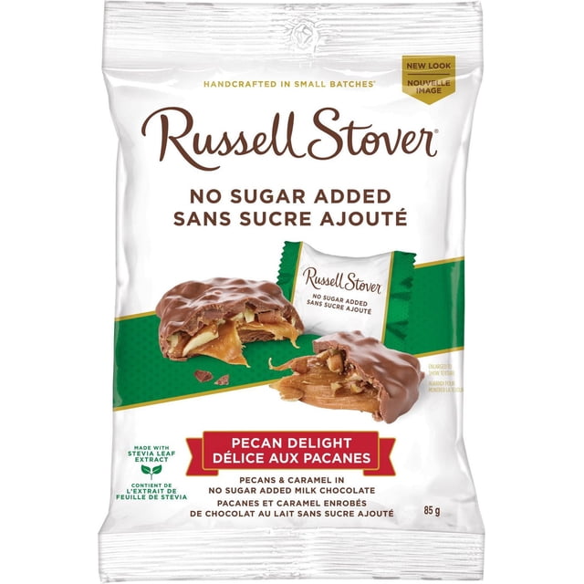 Russell Stover No Sugar Added Pecan Delights 85-gram bag featuring handcrafted milk chocolate candies with caramel and pecans, sweetened with stevia leaf extract, ideal as holiday chocolate treats, with bilingual packaging in English and French.