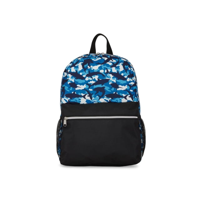 Bondstreet Sac à Dos pour Garçons avec Compartiment Principal en Motif camouflage Requin Bleu et base Noire Unie, Fabriqué en polyester 300D durable. Il Comprend un Compartiment Principal Spacieux avec Fermeture Éclair, Poche avant Zippée, Poches Latérales en Maille, Dos Rembourré et Bretelles Ajustables, Convient aux Fournitures Scolaires et Est Souvent Utilisé comme Sac de Jour Décontracté.