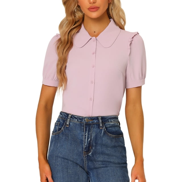 Haut à col Peter Pan pour femmes INSPIRE CHIC, manches courtes, à boutons, taille XS, rose