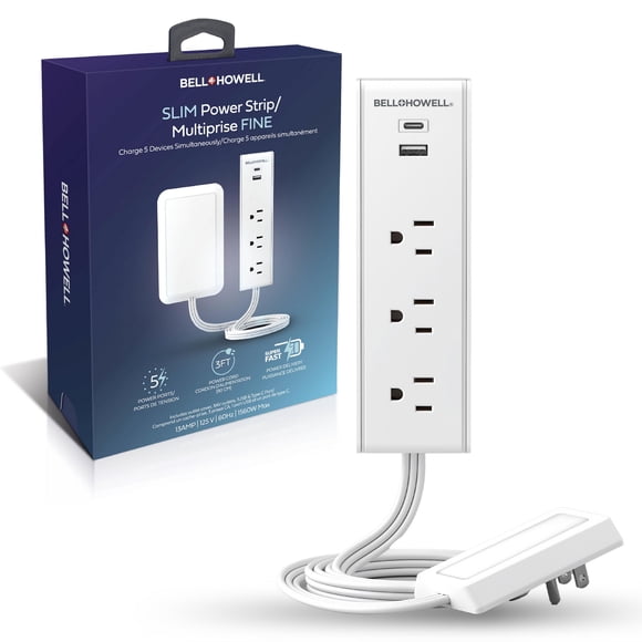 Bell + Howell Slim 5 in 1 Power Strip with Cord Concealer Kit Surge Protection USB and USB C Ports 3 Ft Power Cord