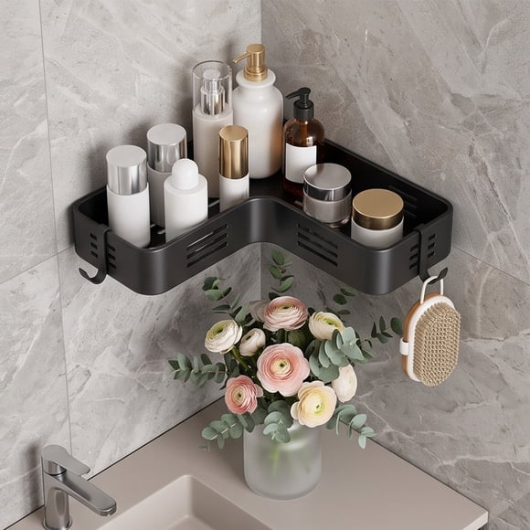 Black L-Shaped Corner Shower Caddy, 10.43x10.43 Inch No-Drill Rustproof Metal Bathroom Organizer Shelf with Adhesive and Side Hooks