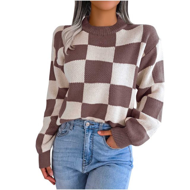 IROINID Pull-over Col Rond pour Femme à Carreaux Casual Manches Courtes Pulls à Carreaux Automne et Hiver