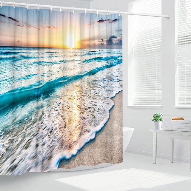 Ocean Beach Shower Curtains Sea Wave Sunrise Scenery Summer Seaside Landscape Polyester Fabric Decor Bathroom Curtain Set 70x70 Inch Included Hooks