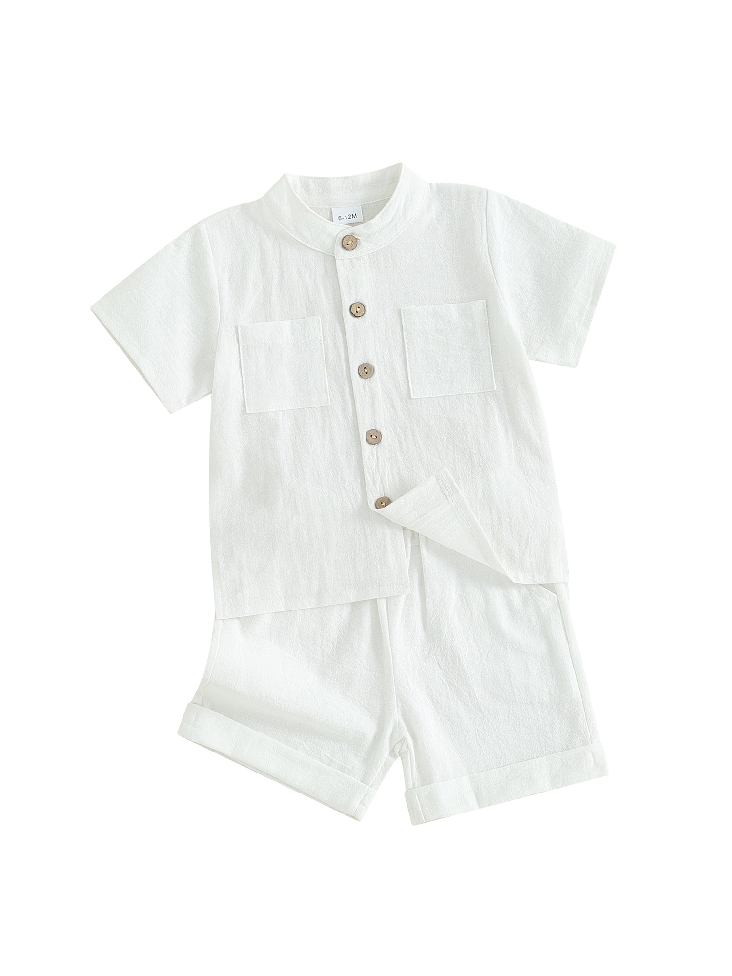 Gupgi Boys Summer Cotton Outfits Kids Solid Color Buttons Short Sleeve Tops Elastic Waist Shorts, 2Pcs Set