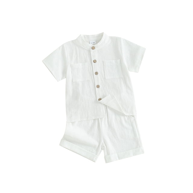 Gupgi Boys Summer Cotton Outfits Kids Solid Color Buttons Short Sleeve Tops Elastic Waist Shorts, 2Pcs Set