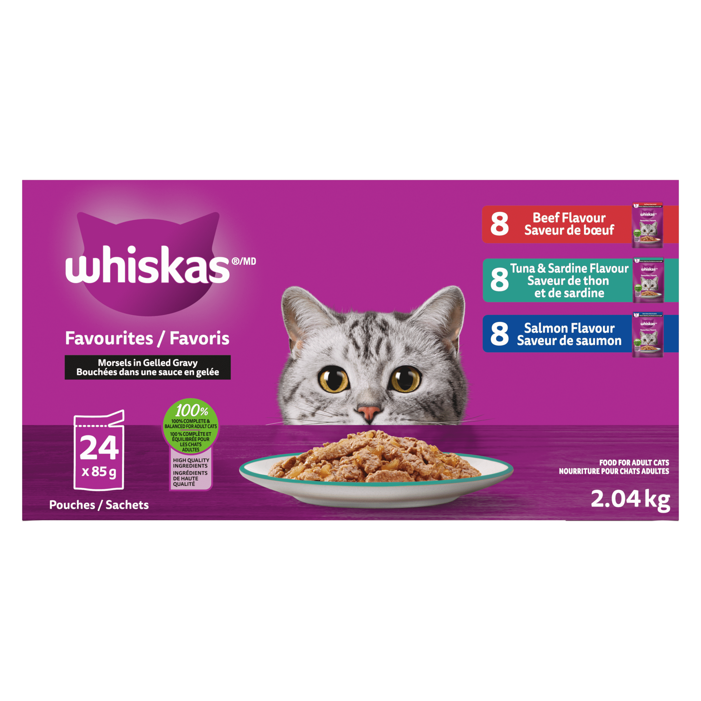 WHISKAS FAVOURITES Adult Wet Cat Food Morsels in Gelled Gravy Beef Flavour, Tuna & Sardine Flavour, and Salmon Flavour Variety Pack, (24) 85g Pouch