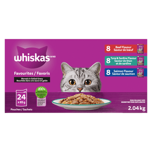 WHISKAS FAVOURITES Morsels de nourriture pour chats mouillés adultes dans la saveur de boeuf gras Gellé, thon & Sardine Flavour et Saumon Flavour Variety Pack, (24) 85g Pochette