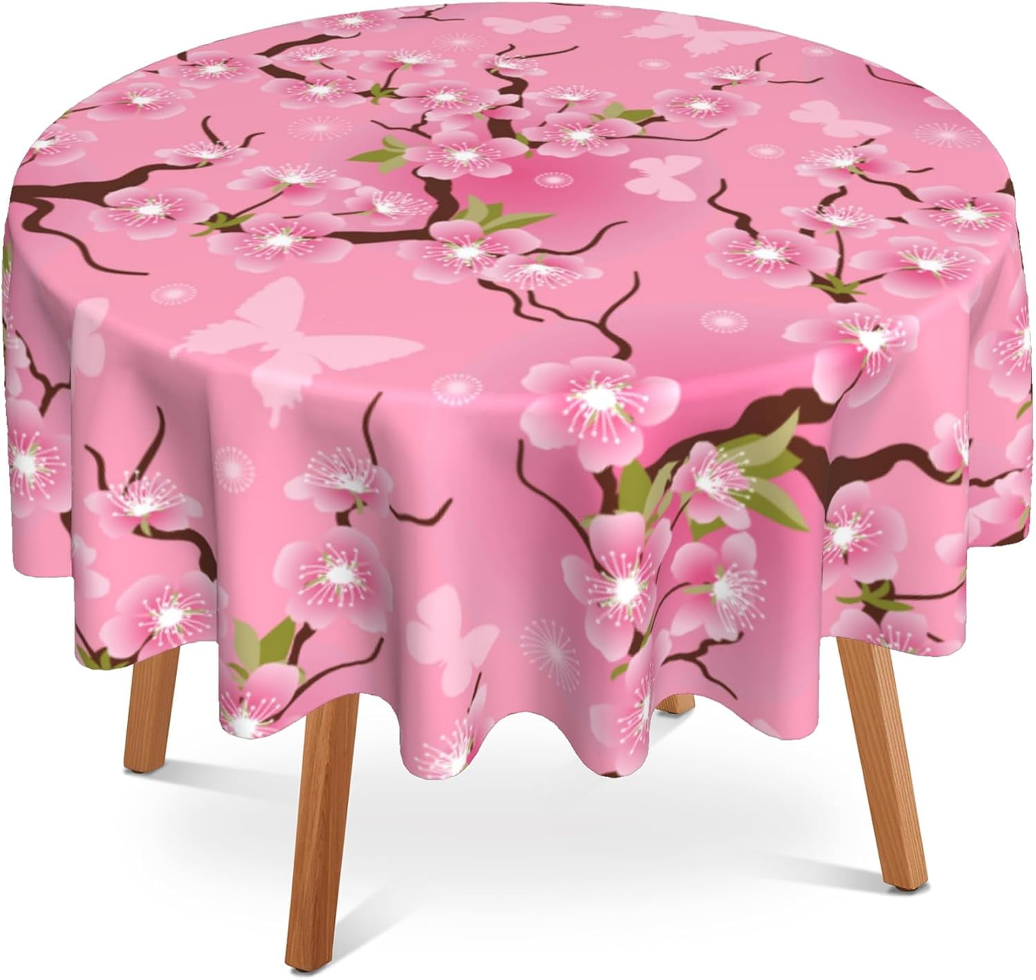 Round Table Cloth 60 Inch,Cherry Blossom Flowers Tablecloth Waterproof Stain Wrinkle Resistant Washable Circle Table Cover for Home Kitchen Dining Room Party Outdoor Picnic