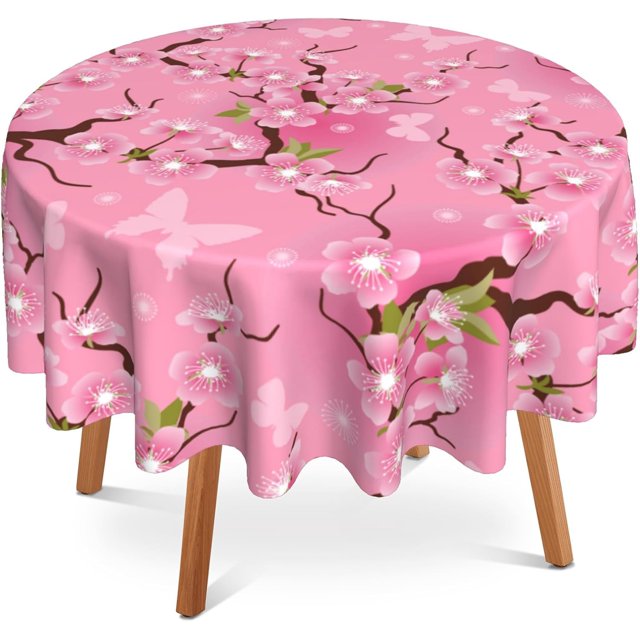 Round Table Cloth 60 Inch,Cherry Blossom Flowers Tablecloth Waterproof Stain Wrinkle Resistant Washable Circle Table Cover for Home Kitchen Dining Room Party Outdoor Picnic