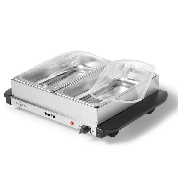 Starfrit Electric Buffet Server & Food Warmer with Adjustable Temperature. Perfect for Chili, Soups, Eggs, Potatoes, 2 Stainless Steel 2.4L Trays, 200W