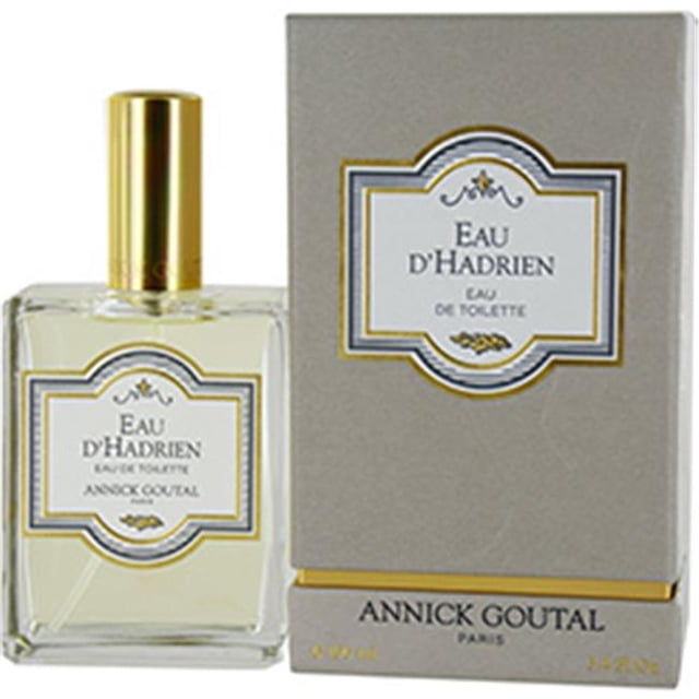 Annick Goutal 256540 Edt Spray New Packaging 3.4 oz. featuring Eau d'Hadrien fragrance, a refined citrus and wood scent for evening wear. The rectangular bottle has a gold cap and white label, paired with a beige box with gold accents and branding.