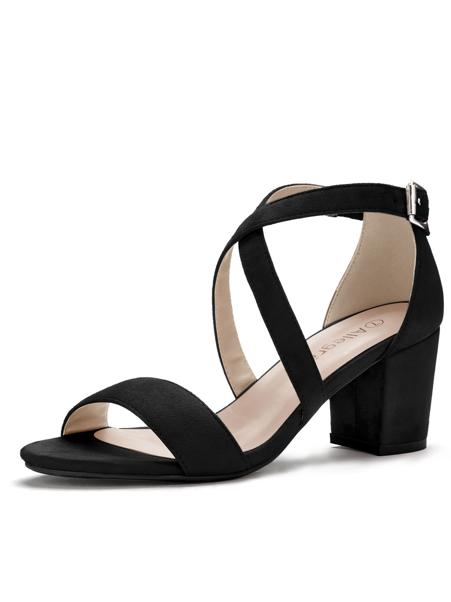 BLISSFUL STEP Women's Open Toe Cross Strap Mid Block Heel Sandals Black 8