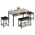 thumbnail image 1 of Ensemble de Salle à Manger 4 Pcs Gain de Place – Table Moderne avec Banquette Rembourrée et 2 Tabourets – Cadre Robuste en Bois et Métal, Tablette de Rangement, Idéal pour les Petits Espaces de Repas – Dessus en Chêne Teck + Pattes Noires, 1 of 8